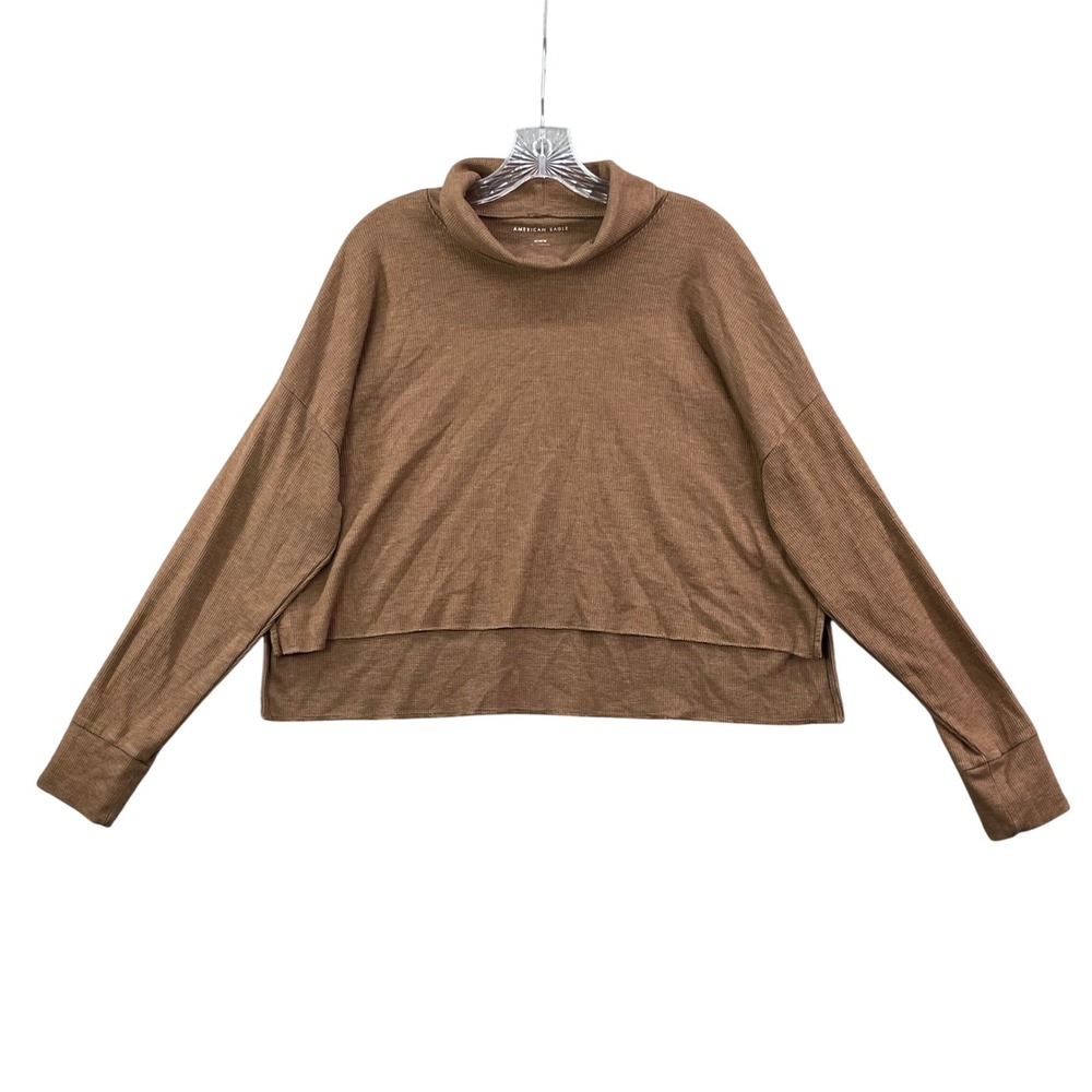 American‎ Eagle Turtleneck Top Women's Medium Brown Waffle Knit Cropped High-Low